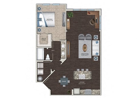 Floor plan for 1 bed, 1 bath, 920 sqft
